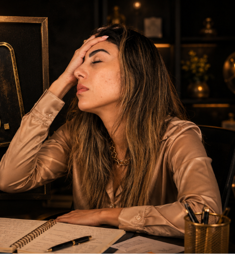 Thádile Thays Aguiar sentada à mesa de trabalho, em um momento de pausa e reflexão