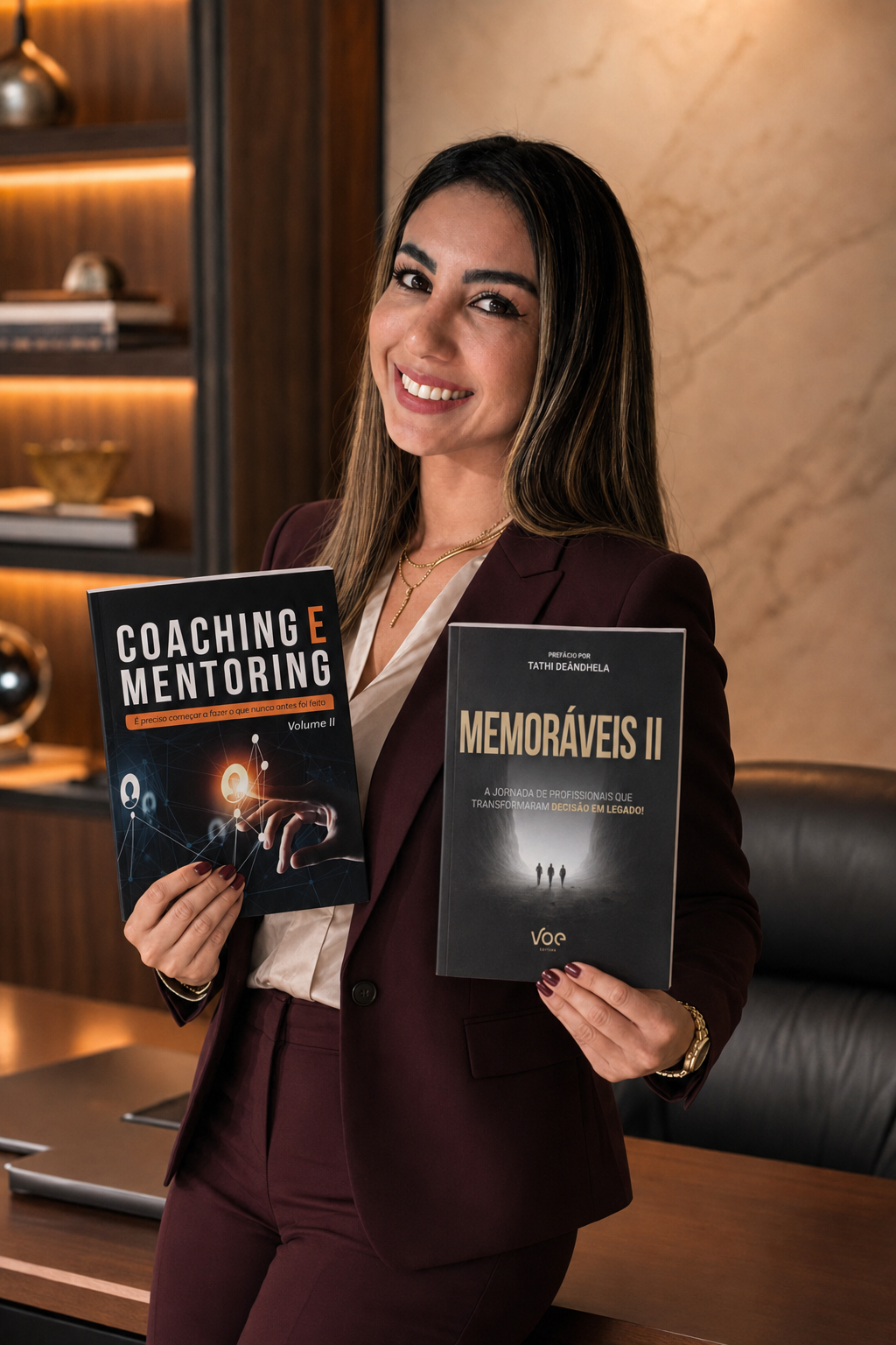 Thádile Thays Aguiar segurando os livros Coaching e Mentoring II e Memoráveis II